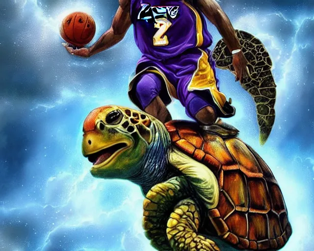 Image similar to kobe bryant riding on a turtle in heaven, fantasy art, illustration, epic art, fantasy, intricate, elgant, amazing detail, digital painting, artstation, concept art, smooth, sharp focus