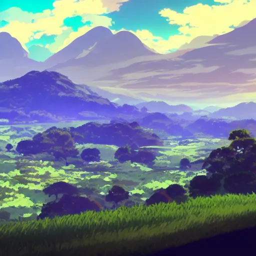 Prompt: green hills from an anime movie in the style of Surendra Rajawat on ArtStation, 4k,