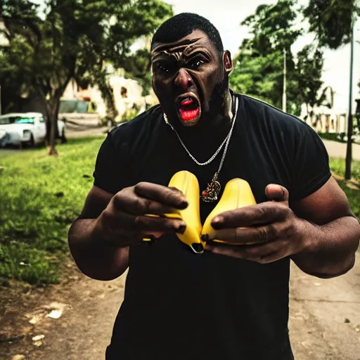 Image similar to big angry black maneating bananas in the hood, 8k resolution, full HD, cinematic lighting, award winning, anatomically correct