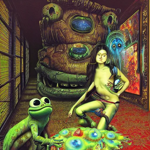 Image similar to a hyperrealistic painting of a haunted hotel lobby with spooky pepe the frog abducted by portals and aliens, random cows, cinematic horror by chris cunningham, lisa frank, richard corben, highly detailed, vivid color, beksinski painting, part by adrian ghenie and gerhard richter. art by takato yamamoto. masterpiece