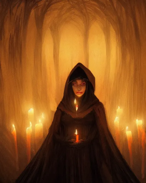 Prompt: a mystical witch in a black shawl, surrounded by lit red candles floating in the air, in an underground dungeon. by abigail larson, realistic, unreal engine, matte painting, 4 k wallpaper