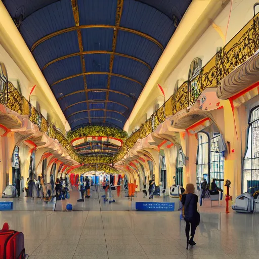 Prompt: a colorful airport terminal in the baroque architectural style from 1 7 0 0 s europe, with travellers walking around and planes visible through the windows, octane render, unreal engine, photorealistic, filled with natural light -