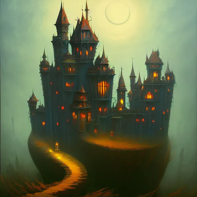 Prompt: a beautiful dark acrylic painting of a dark fantasy castle by Raja Ravi Varma and Gediminas Pranckevicius, trending on ArtStation.