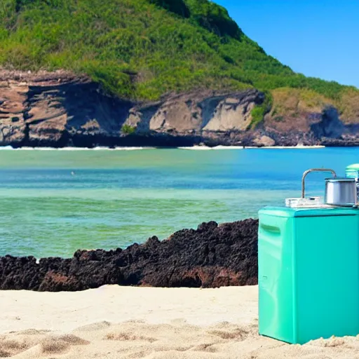 Prompt: blue refrigerator on beach with green sand