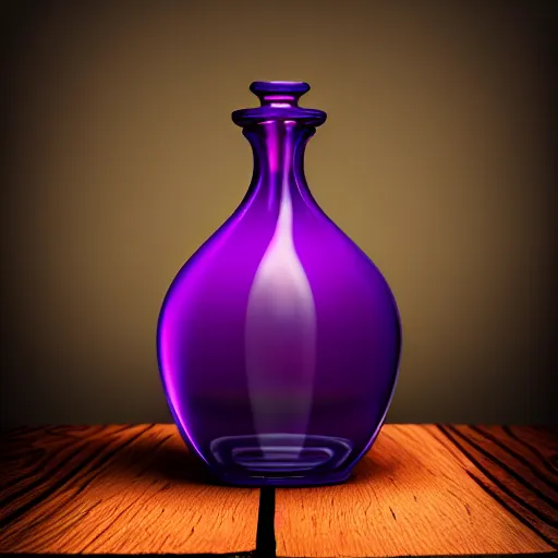 Image similar to hyper realistic poison bottle, purple liquid inside on a wood table. the bottle is design like a perfume bottle. background is a dark ancient laboratory complex architecture wood and stone. professional digital art, dnd style, ultra detailed, trending on artstation, concept art, octane render, unreal engine 5, 8 k rendering.