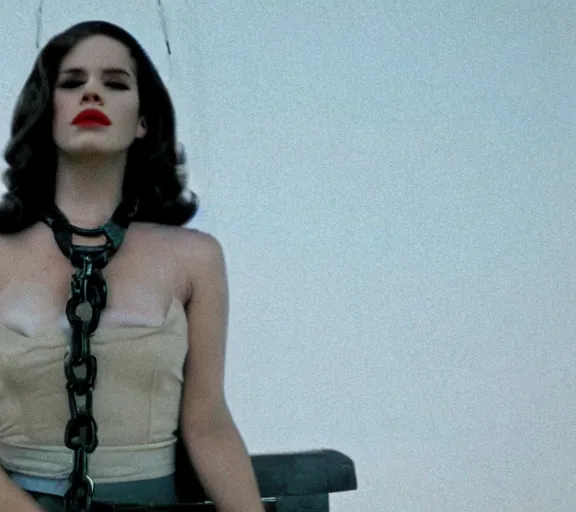 Prompt: a movie still of lana del rey as a handcuffed prisoner with a chain around her neck bonded to a chair in the movie star wars