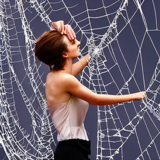 Image similar to emma watson hanging from a giant spider web