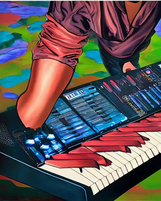 Prompt: cyclops (from x-men) finger drumming on an Akai MPC 2000XL, painting by Toni Toscani, oil on canvas