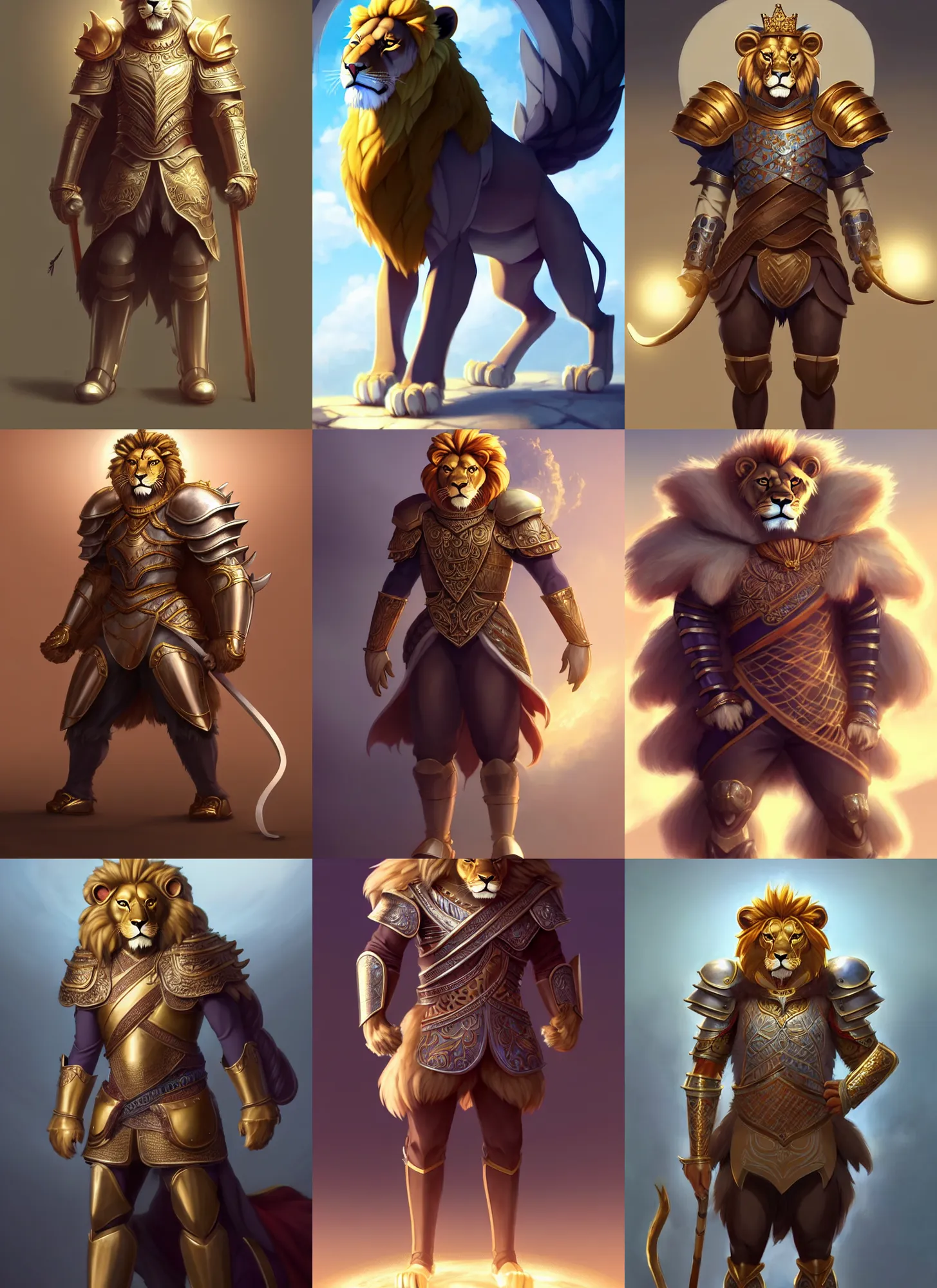 Prompt: beautiful full body portrait of a strong male anthropomorphic lion fursona dressed as a king in armor. character design by disney, anime, manga, charlie bowater, ross tran, artgerm, and makoto shinkai, detailed, soft lighting, rendered in octane