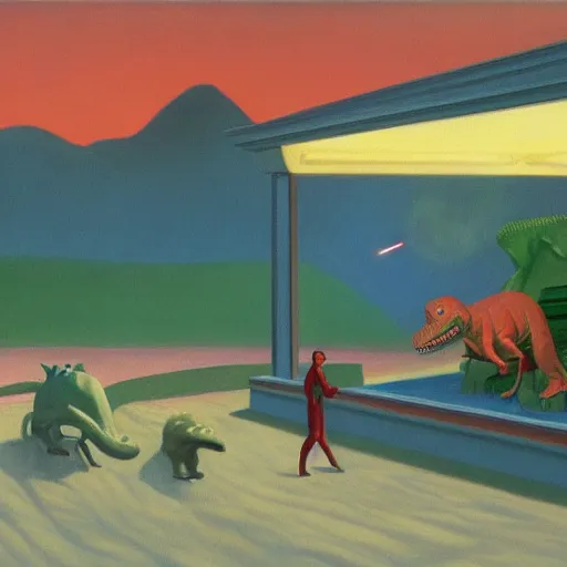 Image similar to painting of the extinction of the dinosaurs with asteroid and fire, in the style of edward hopper