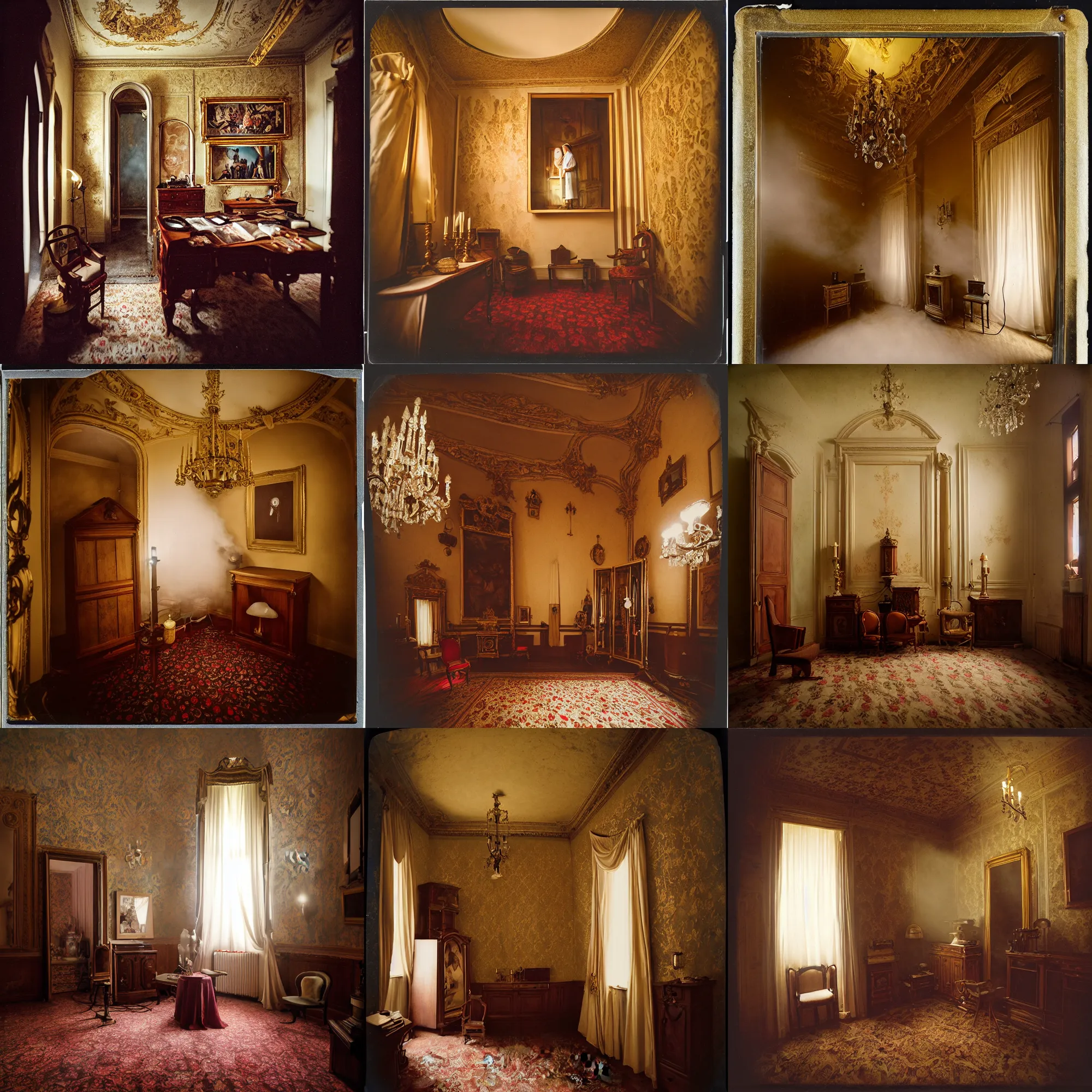 Prompt: kodak portra 4 0 0, wetplate, flashlight, 8 mm extreme fisheye, award - winning portrait by britt marling of a baroque sacristy in italy, picture frames, shining lamps, haze, dust, furniture, wallpaper, carpet, interior, muted colours