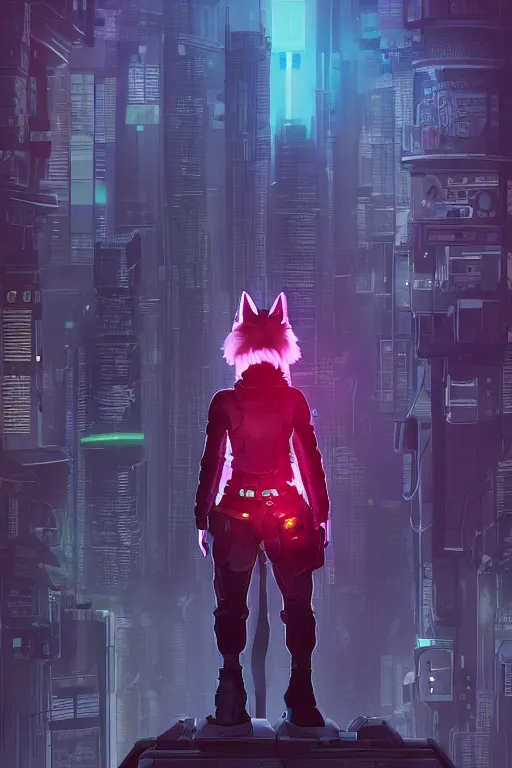 Image similar to a cyberpunk anthropomorphic fox with a fluffy tail staring over a futuristic city from the top of a roof, comic art, trending on furaffinity, cyberpunk, backlighting, cartoon