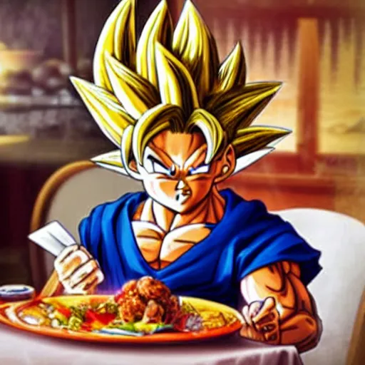 Image similar to goku sitting at a table at olive garden while he eats a plate of spaghetti and meatballs