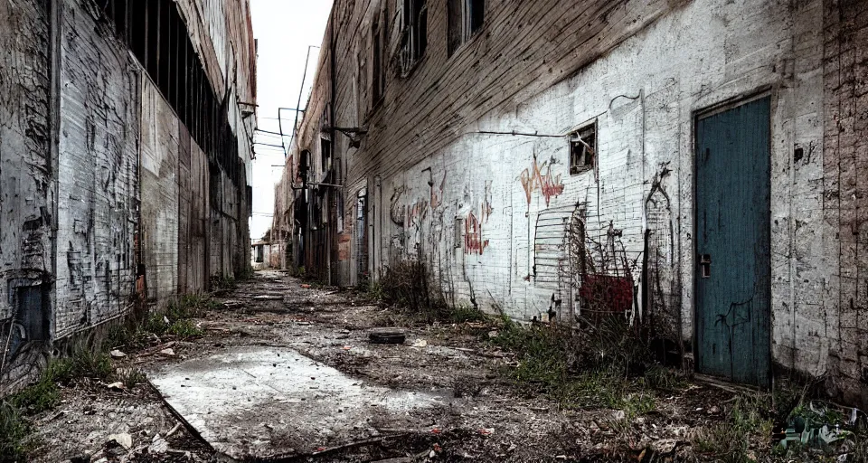 Image similar to ghost in an abandoned alleyway, color photograph by greg girard.