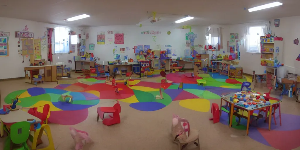 Image similar to childrens daycare indoors limital space, not well litt, creepy photo