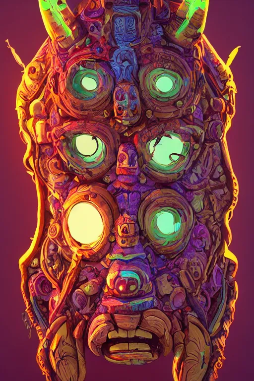 Prompt: totem animal tribal chaman vodoo mask feather gemstone plant wood rock video game illustration vivid color borderlands by josan gonzales and dan mumford radiating a glowing aura global illumination ray tracing