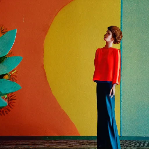 Image similar to giant flower head, frontal, girl standing in mid century hotel, surreal, symmetry, bright colors, cinematic, wes anderson