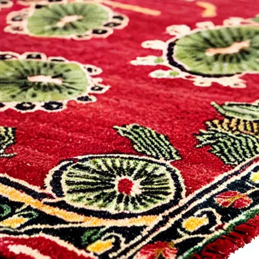 Prompt: closeup photo persian rug with kiwi fruits ornament