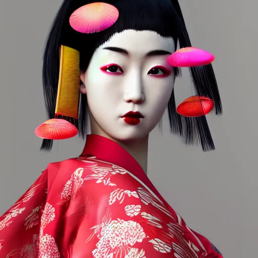 Image similar to japanese kimono inspired avant-garde art, deco fashion, highly detailed, photorealistic portrait, bright studio setting, studio lighting, crisp quality and light reflections, unreal engine 5 quality render