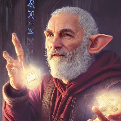 Image similar to A middle aged elf, brown hair and a raised hand, long beard, blue robes with runic symbols, detailed face, highly detailed, cinematic lighting, digital art painting by greg rutkowski.