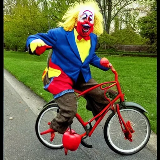 Image similar to einstein is wearing a clown outfit, he is riding a unicycle, he is eating an apple,
