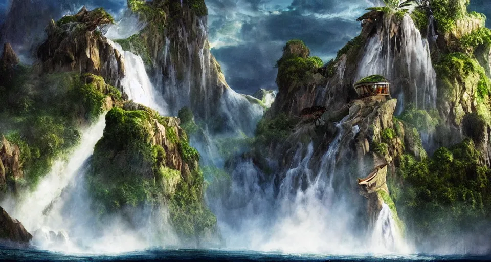 Image similar to A magnificent floating island in the sky above the sea, defying gravity, floating island, flying island, waterfall falling down, epic lighting, epic composition, highly detailed