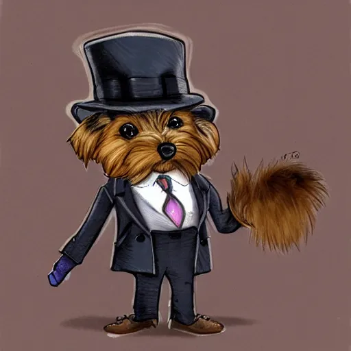 Image similar to detective yorkshire terrier wearing a fedora, in a dark alley, by D&D Concept Artists