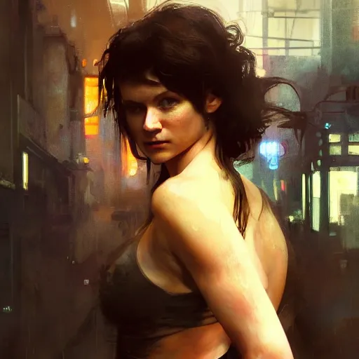 Image similar to georgia palmer, hyperrealistic full figure, bladerunner street alley, art of elysium by frank frazetta and by jeremy mann and by alphonse mucha, fantasy art, photo realistic, dynamic lighting, artstation, full figure poster, volumetric lighting, very detailed face, 4 k, award winning