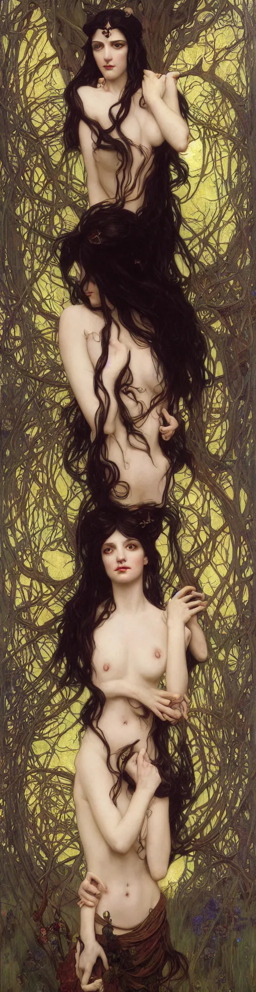 Image similar to masterpiece painting of ephemeral vampire raven haired girl by donato giancola, darius zawadzki and tom bagshaw, face by artgerm and edmund leighton, alphonse mucha, background by james jean and gustav klimt, 8 k, horror, dark color palette, volumetric lighting, porcelain skin, french nouveau, trending on pixiv