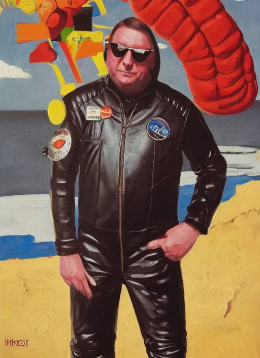 Image similar to head and shoulders portrait of shaun ryder in a leather spacesuit drinking moretti birra friulana in the sun , by normal rockwell