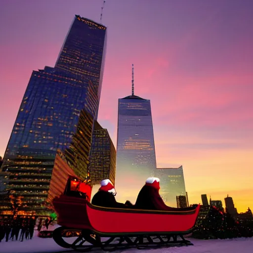 Prompt: santa claus in a sleigh in front of world trade center with a beautiful sunset in the background