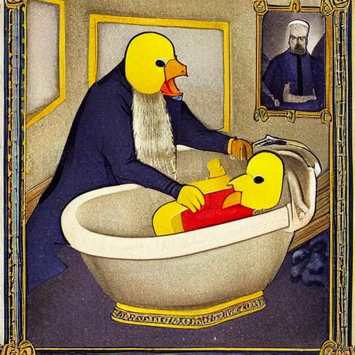 Prompt: emperor of the russian empire nikolay 2 lies in a bath with foam. there is a yellow duck in the bathroom.