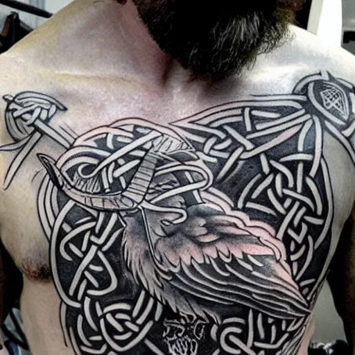 Image similar to viking wielding to hand axes with raven on his shoulder celtic tattoo