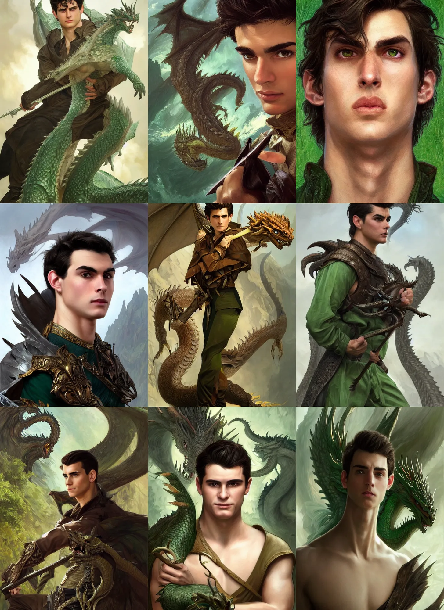 Prompt: a determined and anxious handsome clean shaven young man with swept back dark brown hair and green eyes, preparing for a difficult battle with a large fierce dragon, fantasy, intricate, elegant, highly detailed, digital painting, artstation, concept art, smooth, sharp focus, illustration, art by artgerm and greg rutkowski and alphonse mucha