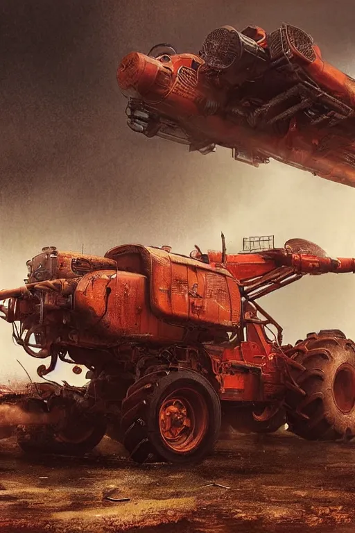 Prompt: a highly detailed beautifuly rendered, tractor that pulls a tank, thick dust and red tones, bladerunner, cyberpunk, lost city, hyper - realistic environment, epic concept art