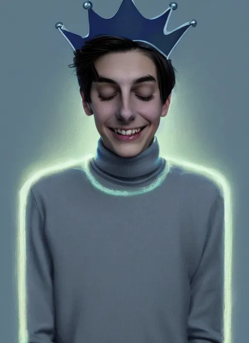 Image similar to portrait of teenage jughead jones wearing a light grey crown, crown, blue turtleneck, closed eyes, eyes closed, smile, crown, black hair, intricate, elegant, glowing lights, warm lighting, highly detailed, digital painting, artstation, concept art, smooth, sharp focus, illustration, art by wlop, mars ravelo and greg rutkowski