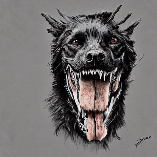 Image similar to venom dog version, ultra realistic, highly detailed, photorealism, scary, intricate detail, high res, textures, extremes, dark, twisted, black, wiry, superhero, antihero, powerful, teeth, licking tongue, dog, hair, german shepard trending on artstation