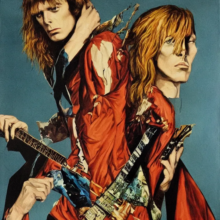 Image similar to Pre-Raphaelite portrait of 1970s David Bowie, ziggy stardust playing flying V guitar, single lighning strike in background. Flash Gorden