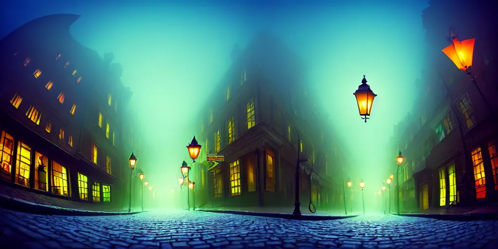 Image similar to curved perspective, extreme narrow, extreme fisheye, digital art of a night foggy street with victorian street lamps over cobblestone floor by anton fadeev from nightmare before christmas