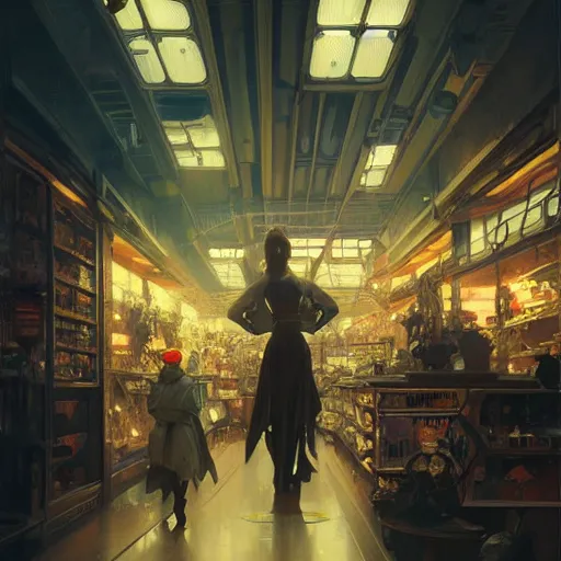 Image similar to inside a dimly lit futuristic toystore. highly detailed, digital painting, artstation, concept art, matte, sharp focus, illustration, art by artgerm and greg rutkowski and alphonse mucha