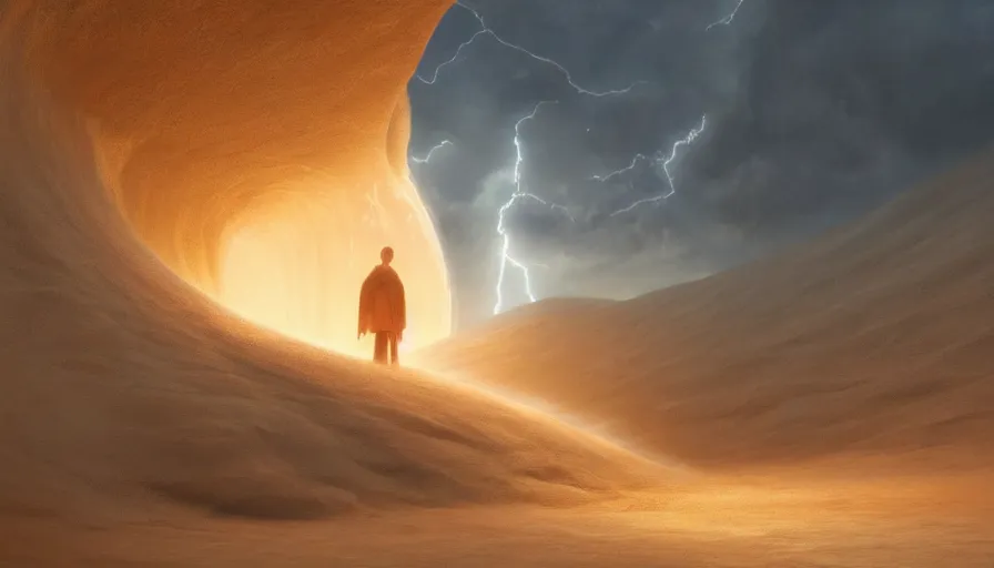 Image similar to a glowing magical portal inside a big wave made of sand fantasy desert, portal, a man watching over, lightning, sandstorm, by caspar david friedrich by james gilleard and justin gerard, artstation, smooth, sharp focus, by jean baptiste, octane render