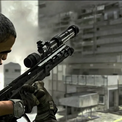 Prompt: screenshot of president obama in call of duty modern warfare 2 whit a sniper rifle crouched, good graphic, highly detailed, rtx engine, nvidia geforce