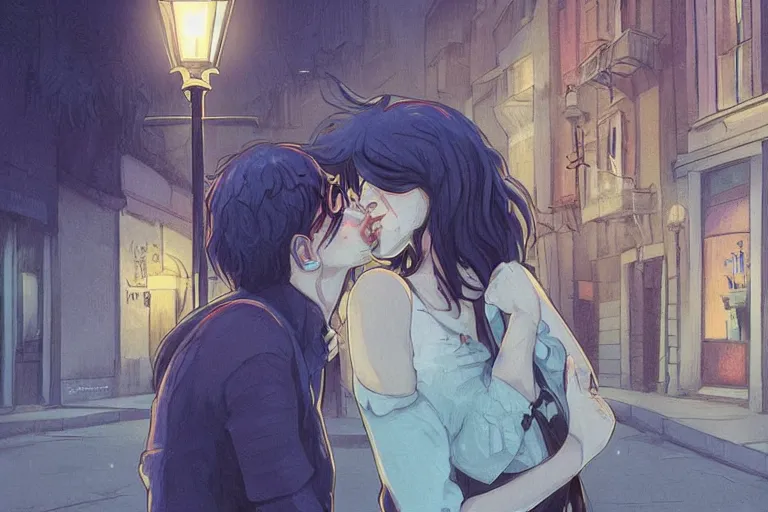 Image similar to a zombie couple kissing under a street lamp in Buenos aires at night, dark blue long hair, muted colors, matte print, pastel colors, ornate, digital art, cute smile, digital painting, fan art, elegant, pixiv, by Ilya Kuvshinov, by Studio Ghibli