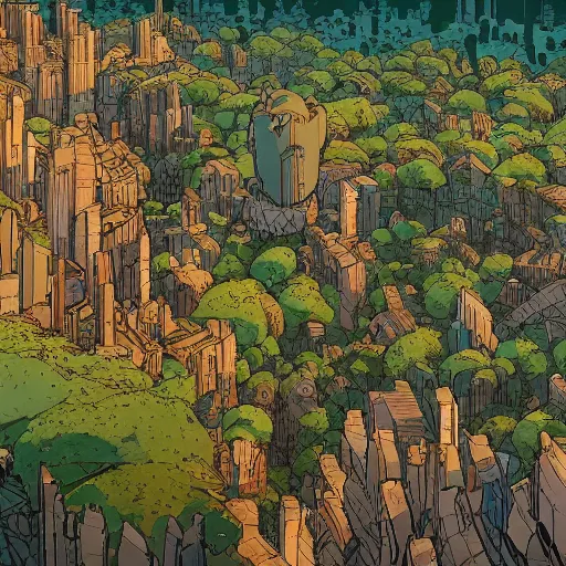 Image similar to a birds eye view overlooking a cell shaded cartoon a walled off ancient fantasy city surrounded by mountains and trees of greens and browns, rivers and lakes, the city is being besieged by monsters, concept art by josan gonzales and wlop, Laurie Greasley and james jean, highly detailed, sharp focus, Trending on Artstation, HQ, deviantart, art by artgem