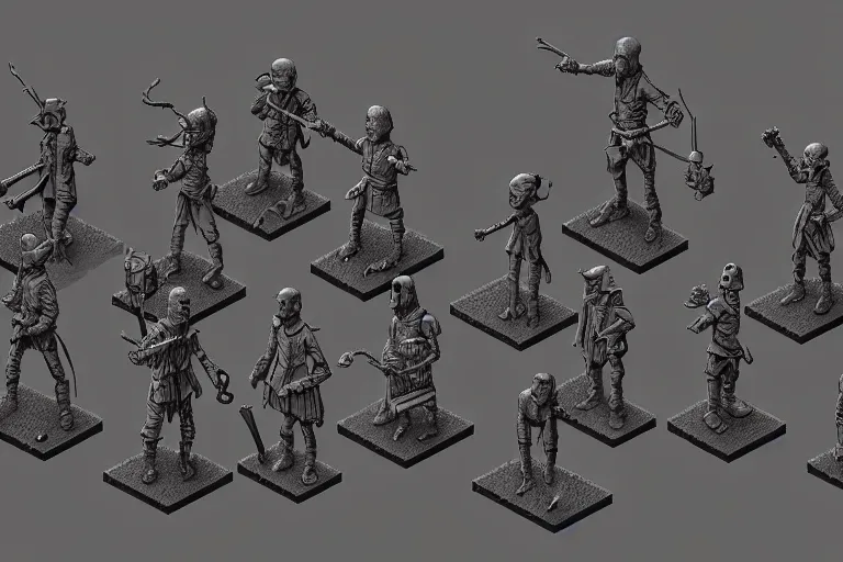 Prompt: isometric ghost warriors, dark landscape, by dan mumford and by alberto giacometti, peter lindbergh, malevich, william stout, zbrush