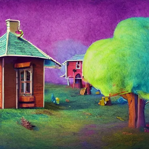 Image similar to small wooden house in the middle of spring forest, bright colours, watercolor, volumetric wool felting, macro photography, children illustration, by simon stalenhag