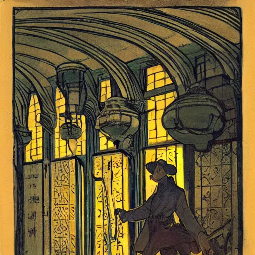 Image similar to a man holds a torch and explores a Dungeon, luminous, Art Nouveau