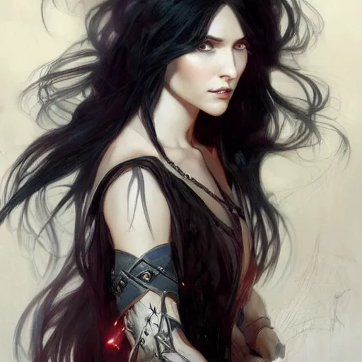 Prompt: evil sorcerer, long black hair, D&D, fantasy, portrait, highly detailed, digital painting, artstation, concept art, sharp focus, illustration, art by artgerm and greg rutkowski and magali villeneuve and alphonse mucha