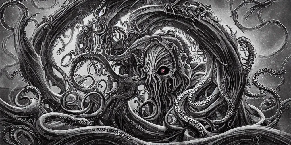 Prompt: lovecraftion god cthulhu, chaos, terror, art by paulc carrick, dave carson, john coulthart, lee brown coye, h. r giger, stephen hickman, sharp focus, smooth, clear, 8 k, hd, lighting, raytracting, dark, lovecraft, arkham, grotesque