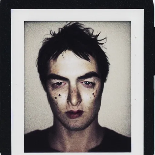 Image similar to a professional polaroid portrait fine art photo of a man with an asymmetrical face with his eyes closed. the man has black hair, light freckled skin and a look of confusion on his face. extremely high fidelity. key light. inspired by gilbert & george.